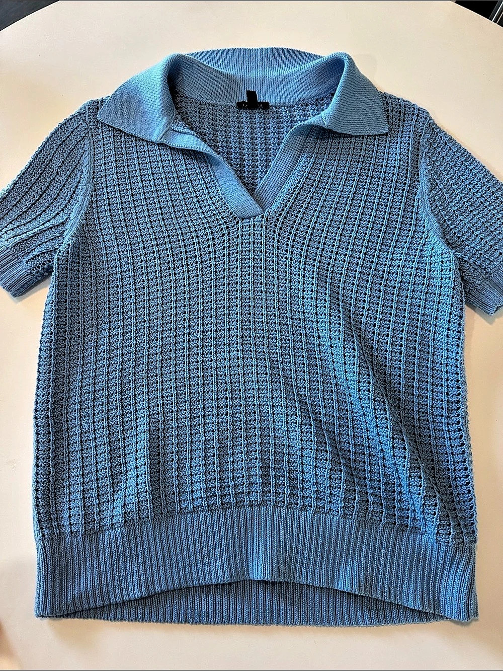 Talbots Pointelle Stitch Open Knit Polo Sweater Blue Medium